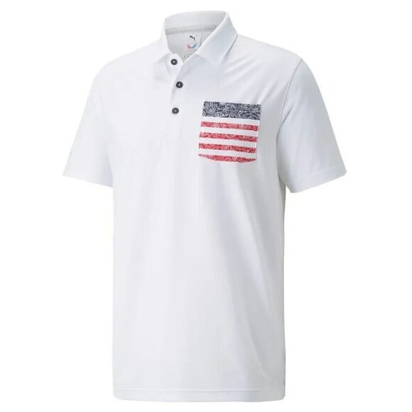 Puma Volition Mens Medium White Paisley American Flag Pocket Golf Polo Shirt NEW - Picture 1 of 1